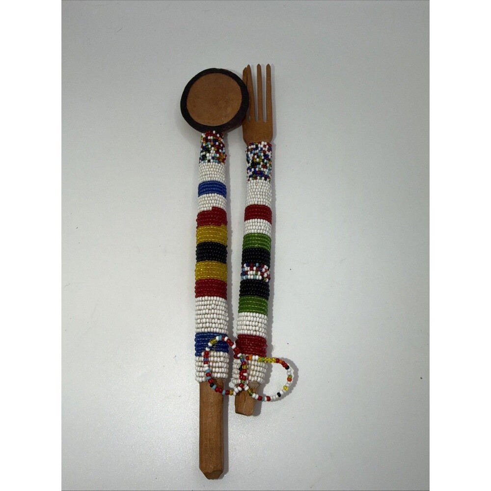 Native American Tribal Salad Spoon Fork With Seed Bead Handmade Rare Wooden